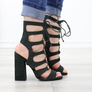 Olive Gladiator Heels Lace-Up Sandals Open Toe Block Heel Strappy Style
